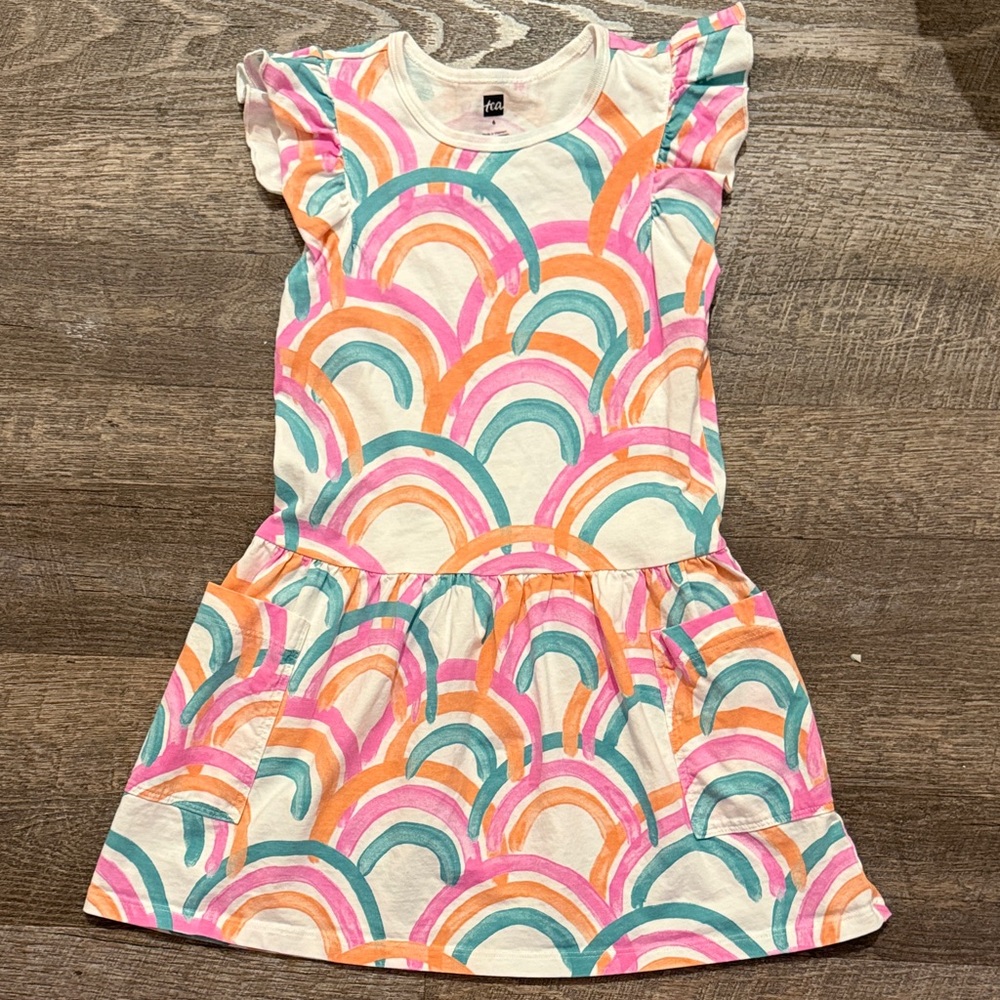 Tea Collection Flutter Sleeve Pocket Dress in “Island Rainbow” Print